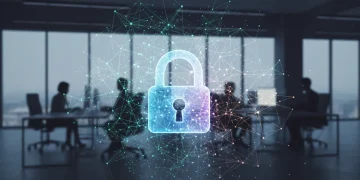 Digital lock icon with interconnected lines, representing national cybersecurity policy