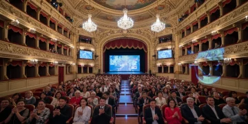 Diverse audience engaging with a performance in a grand national theater, blending traditional architecture with modern elements.