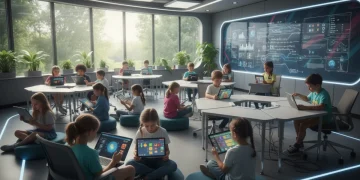 Students engaged in personalized learning with technology in a modern classroom