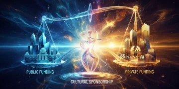 Public and private cultural sponsorship models balancing on a scale, supporting a glowing art piece.