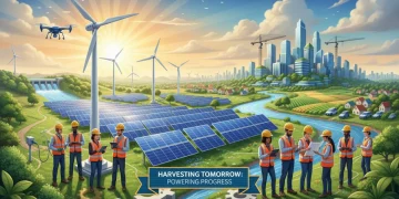 Professionals collaborating on a renewable energy project, symbolizing job growth and community development in the US.
