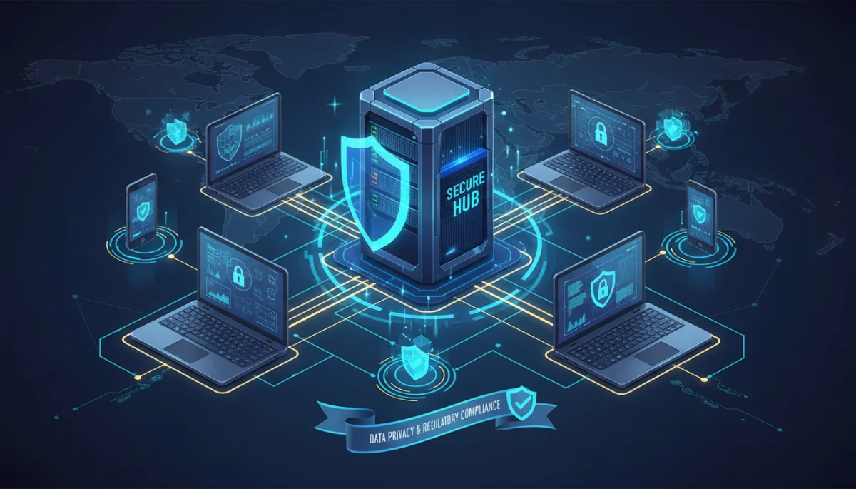 Secure digital devices connected to a protected server, illustrating data transmission