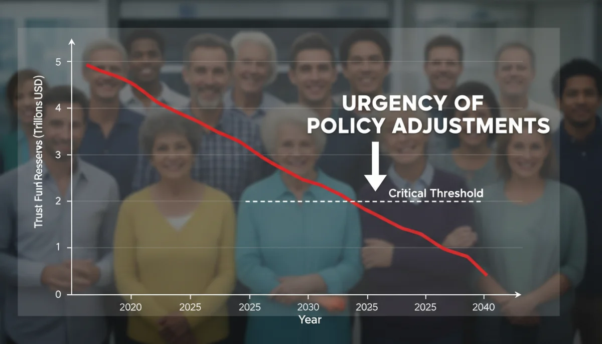Graph illustrating Social Security trust fund projections and potential decline, emphasizing the need for policy reforms.
