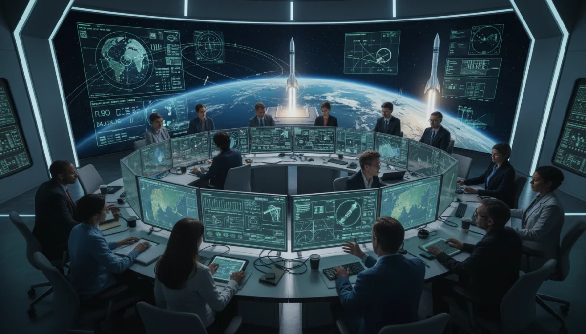 Engineers and scientists collaborating in a space control room, symbolizing space policy implementation.