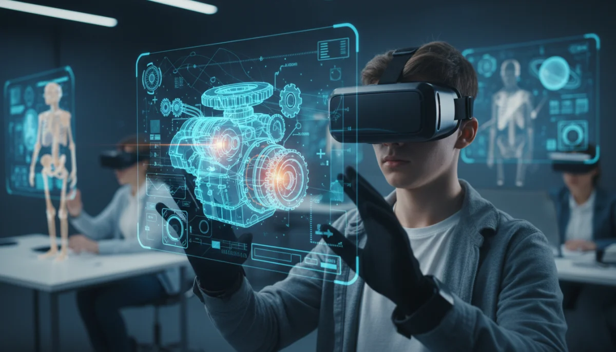 Student using augmented reality goggles for interactive STEM learning experience.