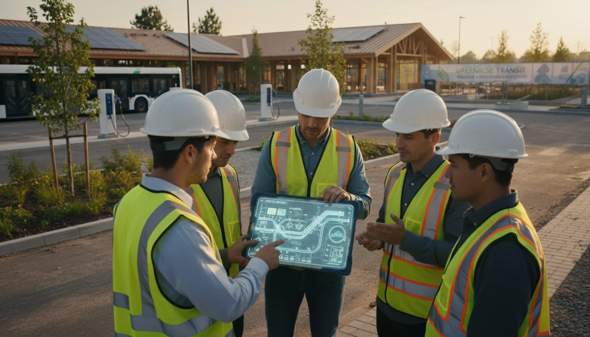 Construction workers reviewing digital blueprints for a sustainable public transit project.