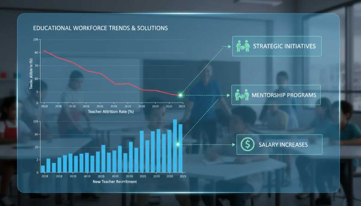 Data visualization showing teacher attrition and recruitment trends alongside strategic initiatives.