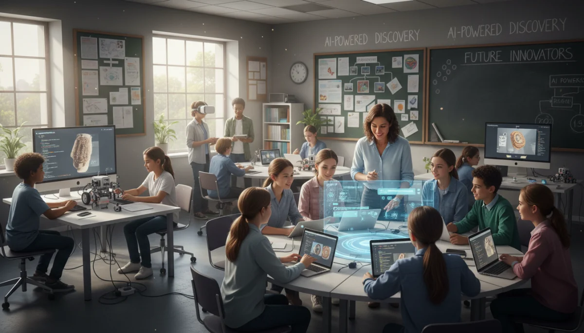 Teacher guiding students using AI-powered learning tools