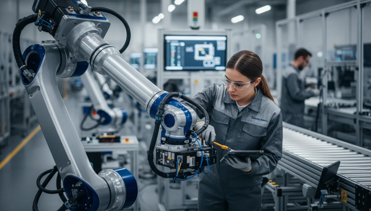 Technician calibrating a robotic arm in an advanced manufacturing setting