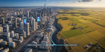 Contrasting urban skyline and rural farmlands, highlighting US development disparities