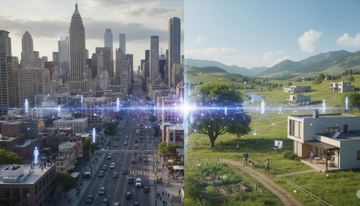 Urban and rural landscapes connected by digital networks, illustrating remote work migration.