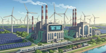 Industrial landscape transitioning to green energy, reflecting US 2030 climate goals