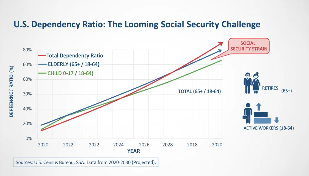 US dependency ratio chart showing increasing retirees per worker