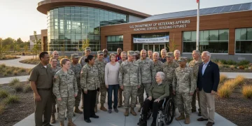 Diverse group of veterans smiling outside a modern VA facility, symbolizing enhanced support.