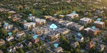 Vibrant US community evolving with remote work trends, showing homes and digital connections.