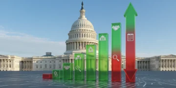 Stylized economic chart with business icons over US Capitol, representing 2026 federal budget impact.