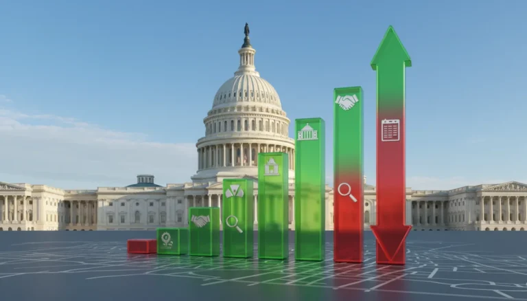 Stylized economic chart with business icons over US Capitol, representing 2026 federal budget impact.