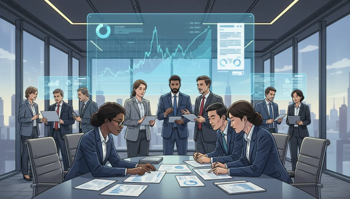 Business professionals strategizing around a table, analyzing financial reports and policy documents.