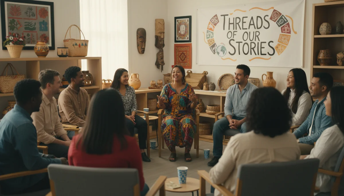 Diverse community members sharing stories and actively listening, fostering cultural understanding.