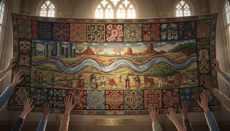 Diverse hands touching a vibrant tapestry of cultural stories, symbolizing unity and narrative connection.