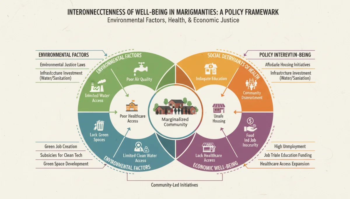 Infographic illustrating environmental and social determinants of health in vulnerable communities.