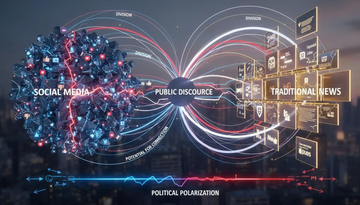 Network diagram showing social media and news influence on political polarization