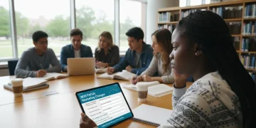 College students reviewing FAFSA application on a tablet in a library