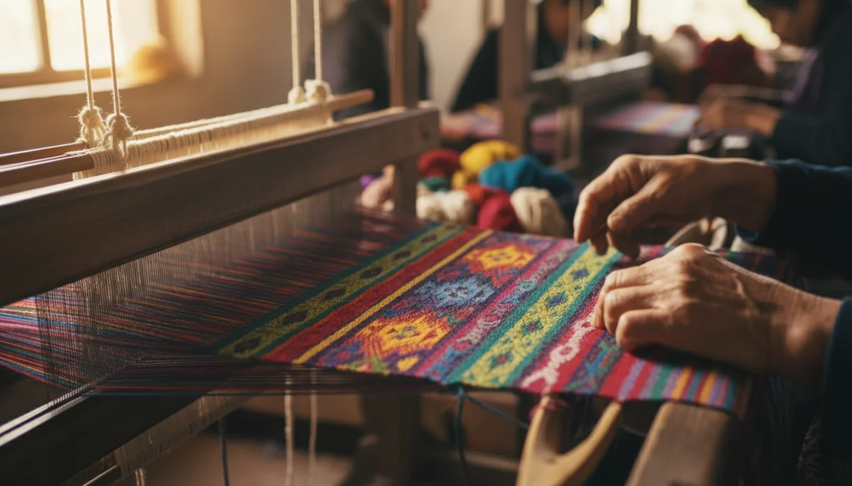 Artisan's hands meticulously weaving a colorful textile on a traditional loom